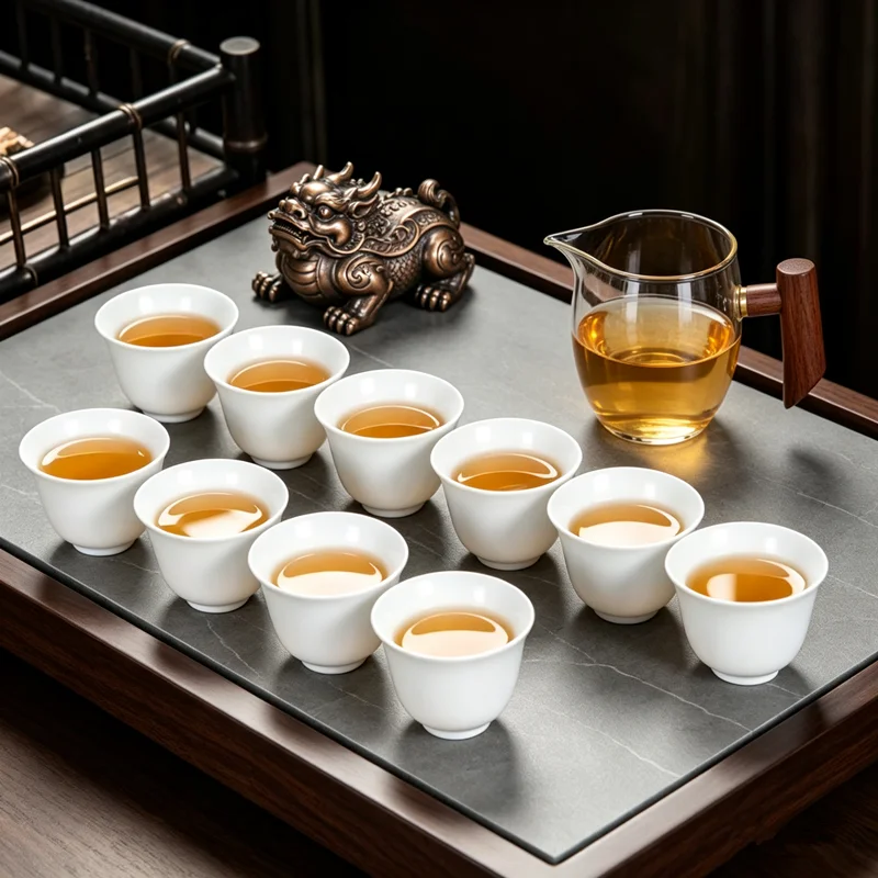 10 unids/pack Dehua porcelana blanca alta taza de té de cerámica blanca pura juego de té de Kungfu hecho a mano juego de tazas de té Pu'er Simple para el hogar