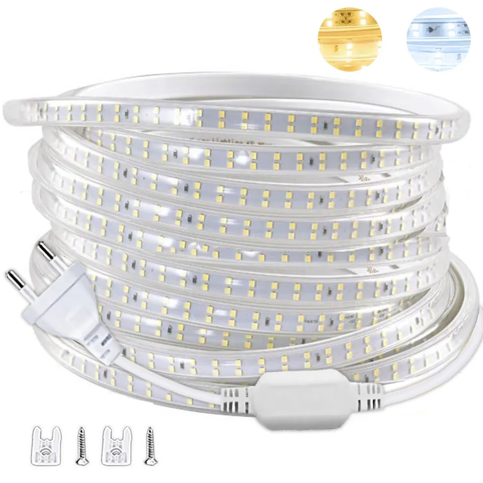 Tira de luces Led de 220V, 1-30m con enchufe europeo 2835, cinta de luz Flexible, cinta Led impermeable para el hogar, cocina, iluminación de decoración de jardín al aire libre