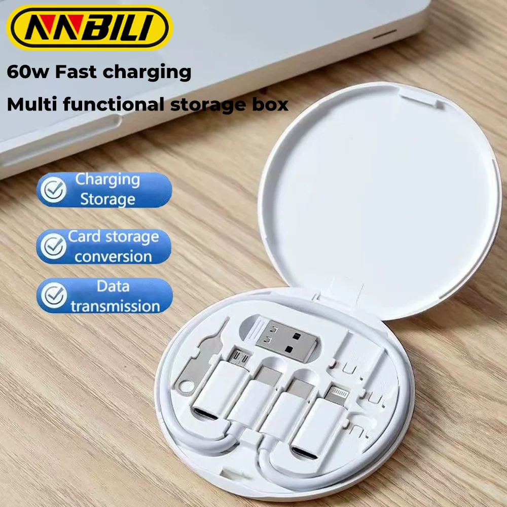 Caja de Almacenamiento de Cables de Datos Multifuncional Portátil, Soporte para Teléfono Móvil con Carga Rápida de 60W, Juego de Cables de Carga, Conversor Multi-Cabeza
