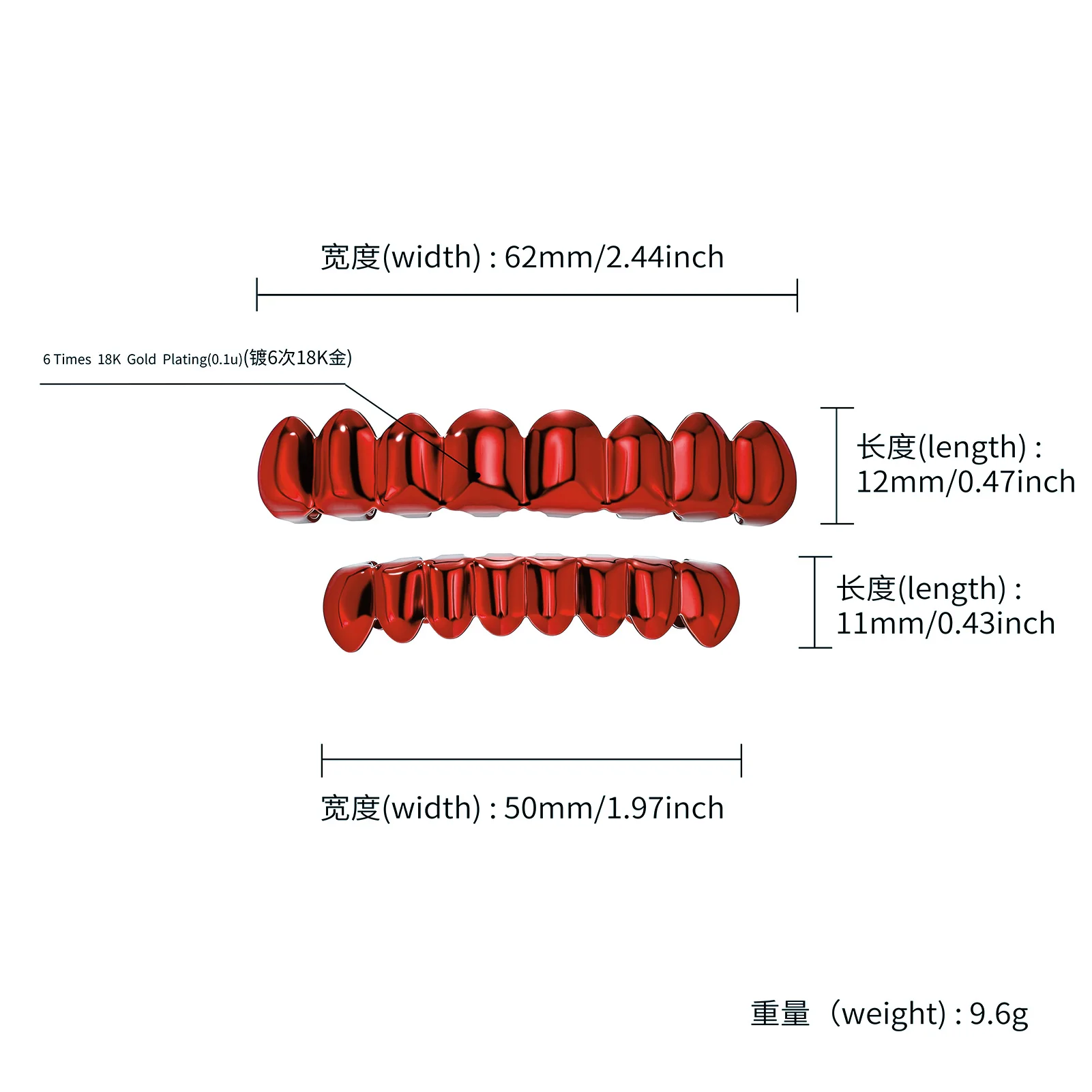 TOPGRILLZ Juego de Grillz Hip Hop Rojos Espejo, 2 Piezas, 8 Dientes, Parrillas Superiores e Inferiores, Joyería Y2K para Fiesta, Cosplay, Halloween, Hombres y Mujeres