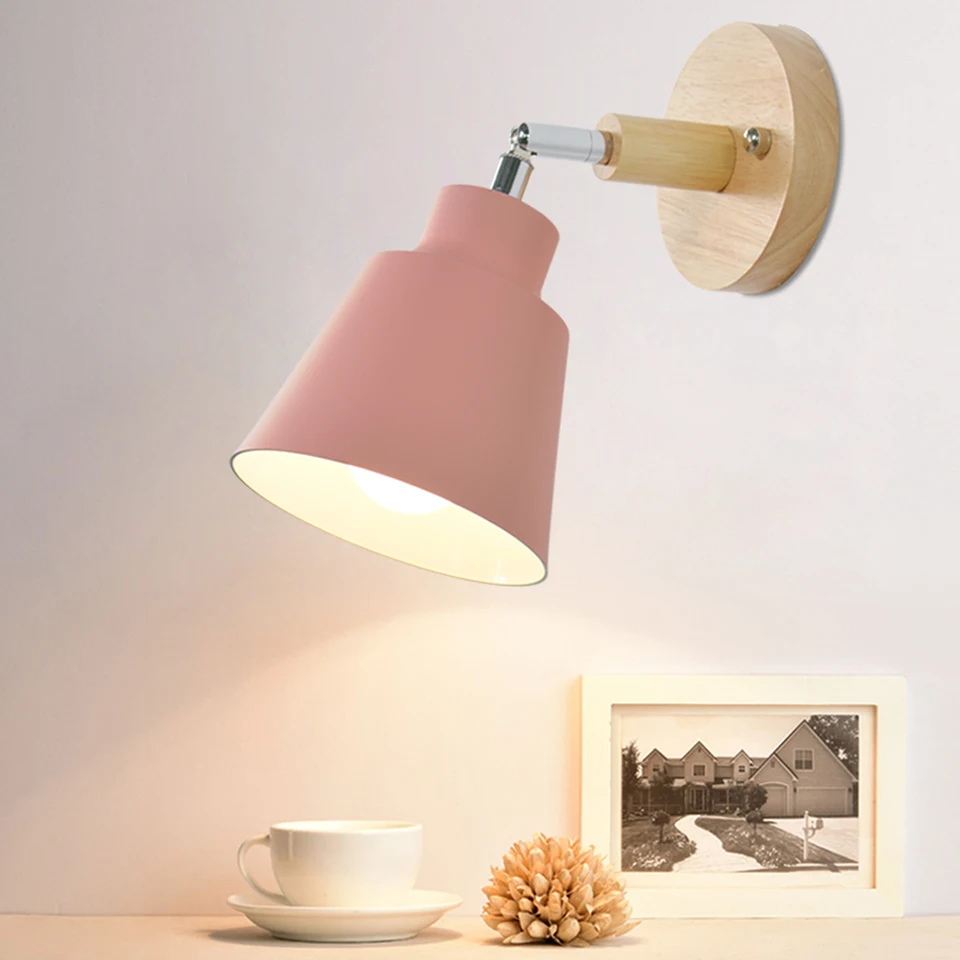 Lámpara de Pared Nórdica para Interiores, DIY, E27, de Madera, 6 Colores, Enchufe EU/UL, 350 °   Lámparas de pared para sala de estar, dormitorio, pasillo, accesorios decorativos