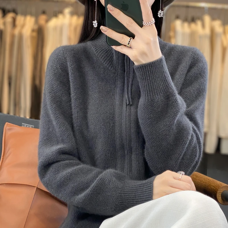 Suéter de punto de lana merina 100% para mujer, cárdigan con cuello vuelto, Tops gruesos, chaqueta suave de Cachemira con doble cremallera, Otoño e Invierno