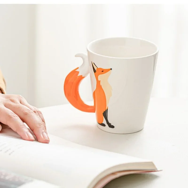 Tazas de cerámica de zorro 3D de 360ML, tazas de café con patrón de animales de dibujos animados, té de la tarde, Taza de leche antiescaldado, taza de regalos para niños para el hogar y la Oficina