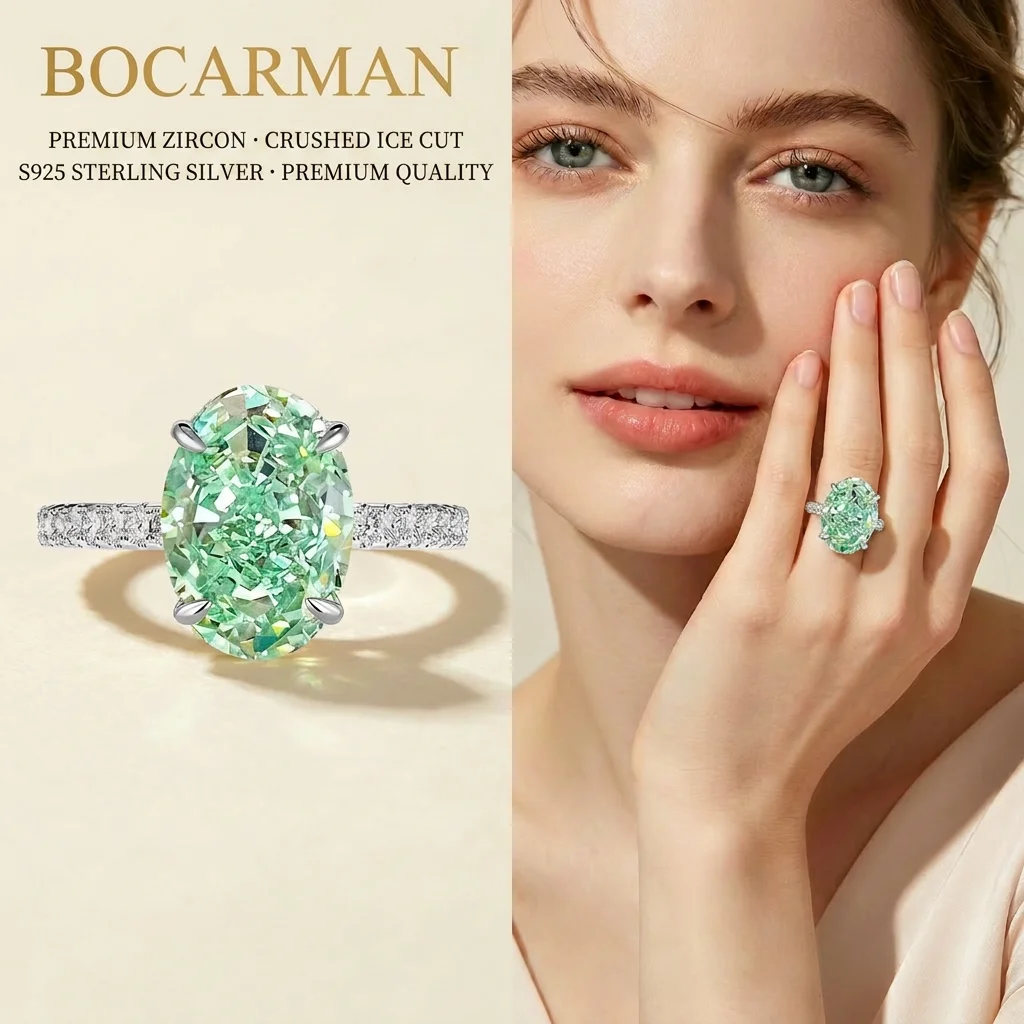 Anillo Exquisito Bocarman para Mujer, Plata S925, Verde Menta, Tanzanita Ovalada, Zirconia Corte Hielo, Diseño Radiante