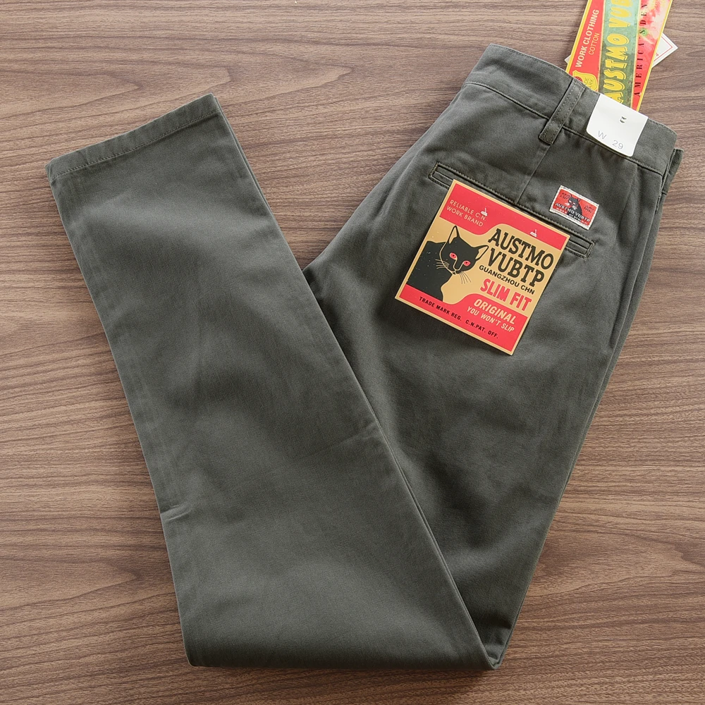2025 primavera otoño nuevos pantalones de conducción tejidos de sarga Retro americano pantalones casuales rectos Chino lavados de algodón 100% simples para hombres