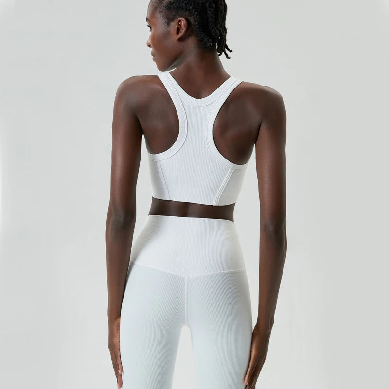 Traje de gimnasio de alto impacto para mujer, conjunto de dos piezas de tela acanalada para Fitness y Yoga, ropa deportiva elástica ajustada para correr, ropa de entrenamiento