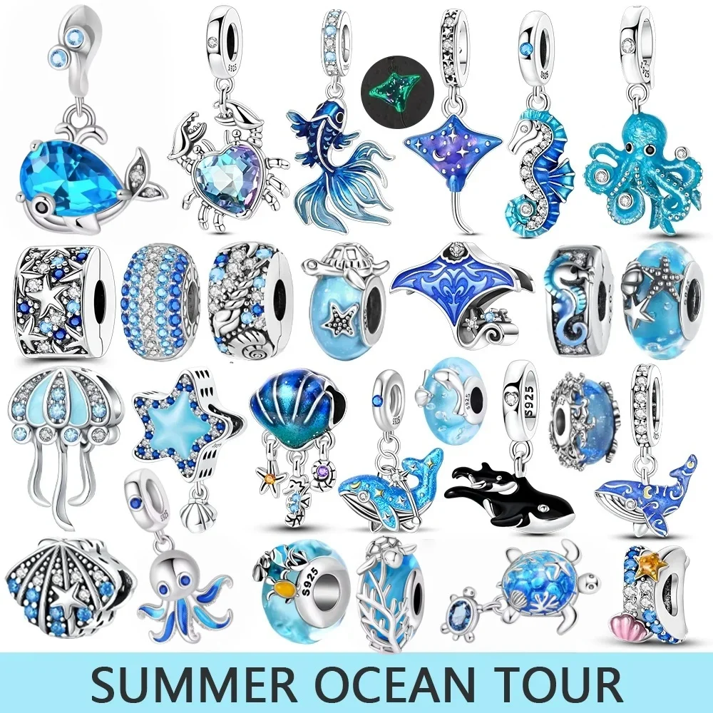 Colgante de plata de ley 925 con cuentas de la serie Blue Ocean, apto para pulsera DIY de la marca, joyería para mujer, regalos para novia