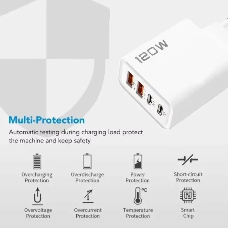 Estación de carga rápida USB C de 4 puertos y 120W, adaptador de pared PD QC3.0, cable de datos para iPhone, Samsung, Xiaomi, Huawei, enchufe EU, US, UK, para viajes