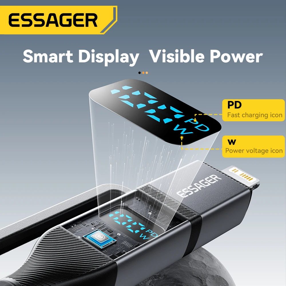 Essager 4 en 1 pantalla Digital Cable USB tipo C 100W PD Cable de carga rápida para iPhone Macbook iPad Xiaomi Cable de iluminación tipo C