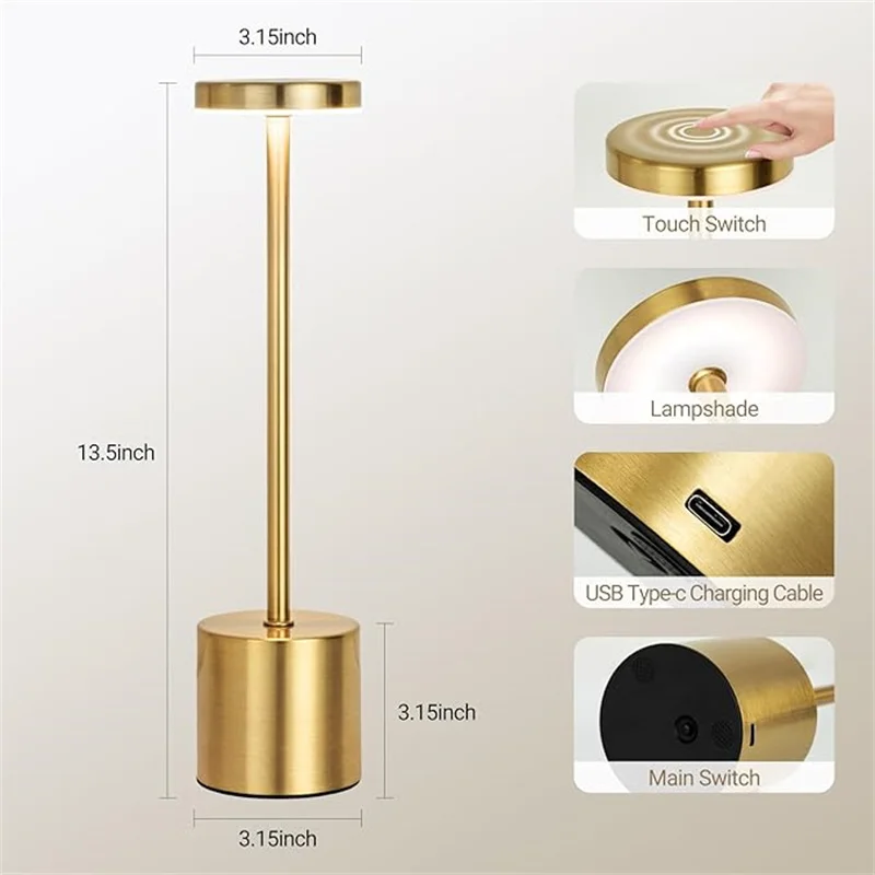 Lámpara de Mesa LED con Sensor Táctil, Lámpara Nocturna USB Recargable, Lámpara Nocturna Portátil para Dormitorio, Lámpara de Lectura Inalámbrica para Restaurante, Hotel, Bar