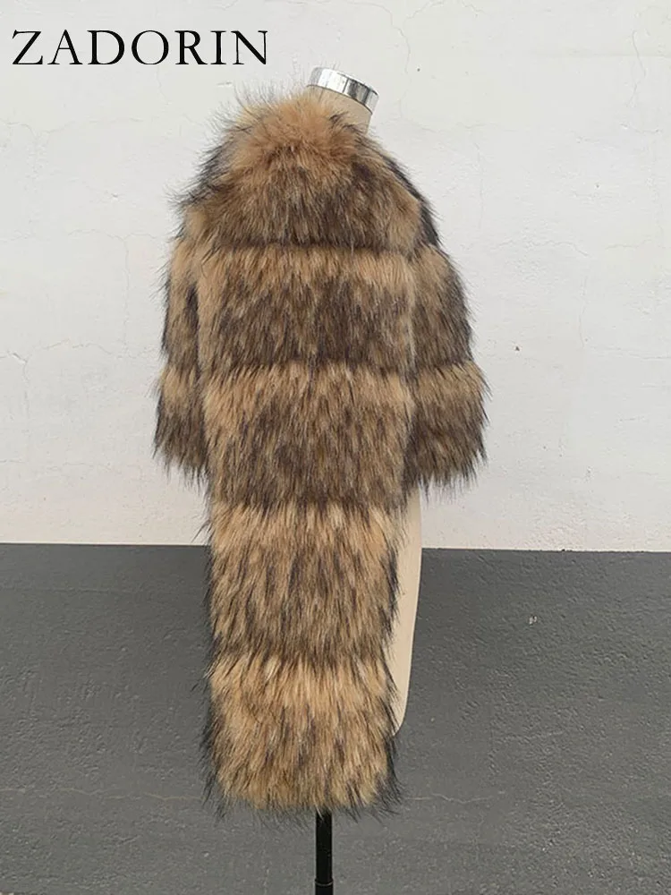 ZADORIN Abrigo Corto de Piel Sintética de Mapache de Alta Calidad para Mujer, Moda de Invierno, Cuello Redondo, Manga Larga, Chaqueta Corta de Piel Sintética, Top Corto
