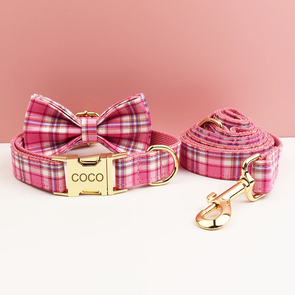 Collar, arnés y correa para perro a cuadros rosa, con placa de identificación grabada personalizada, artículos personalizados para perros