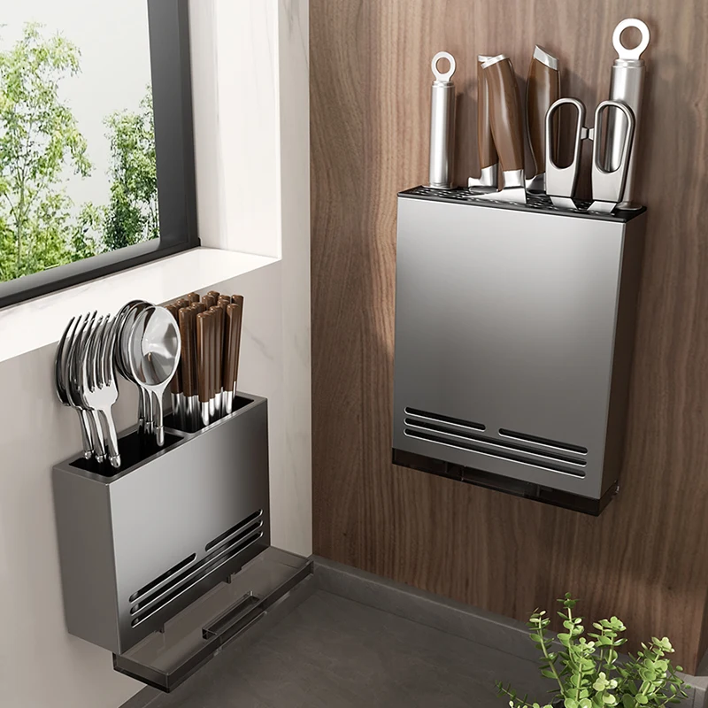 Tubo de palillos montado en la pared, estante de cocina para colgar en la pared, herramienta sin perforaciones, cortador de descanso, drenaje, caja de almacenamiento de jaula de palillos de acero inoxidable