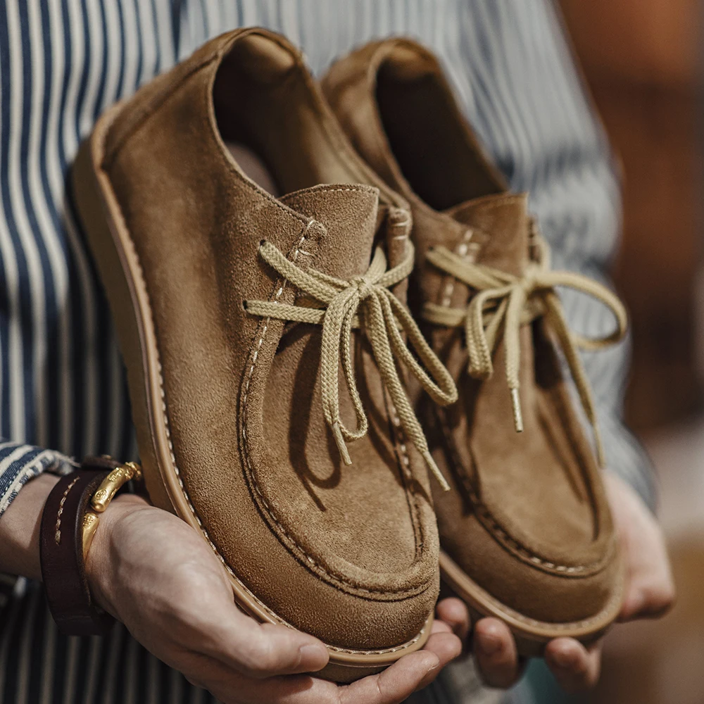 Botas Bajas de Gamuza Dividida Color Caqui Vintage Maden, Mocasines Casuales con Suela Suave, Zapatos de Vestir con Cordones, Zapatos Clásicos para Hombre, Primavera-Otoño