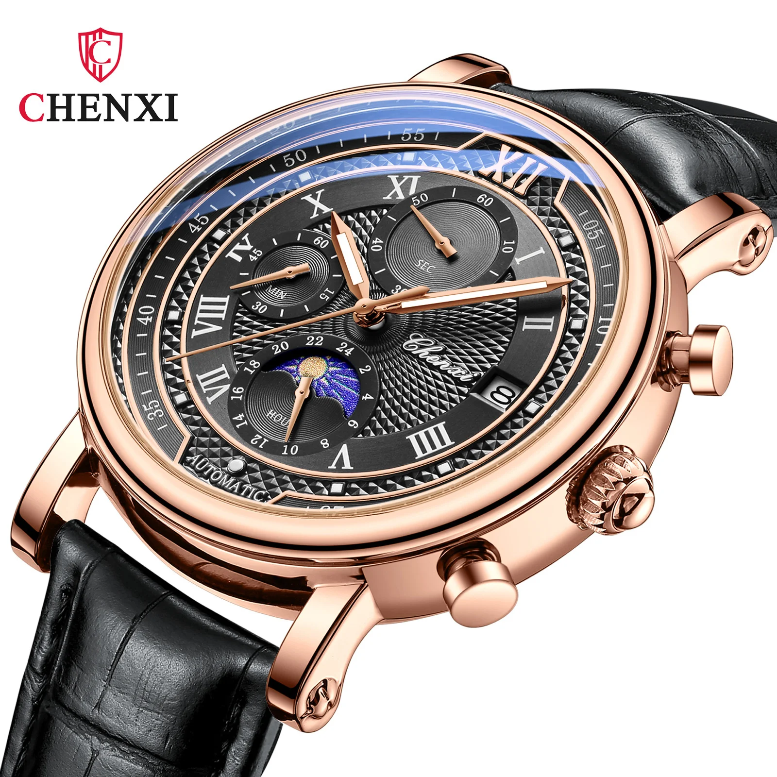 Reloj de cuarzo luminoso para hombre Chenxi 976, cronógrafo de cuero con fecha, fase lunar, cronometraje, estilo ejecutivo, Relojes Para Hombres