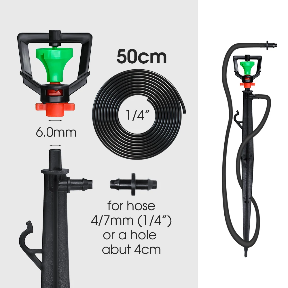 Microaspersores giratorios de 360 °, 5 piezas, boquilla de sistema de riego de jardín, rueda verde grande con estacas de 22cm para invernadero, manguera de 4/7mm