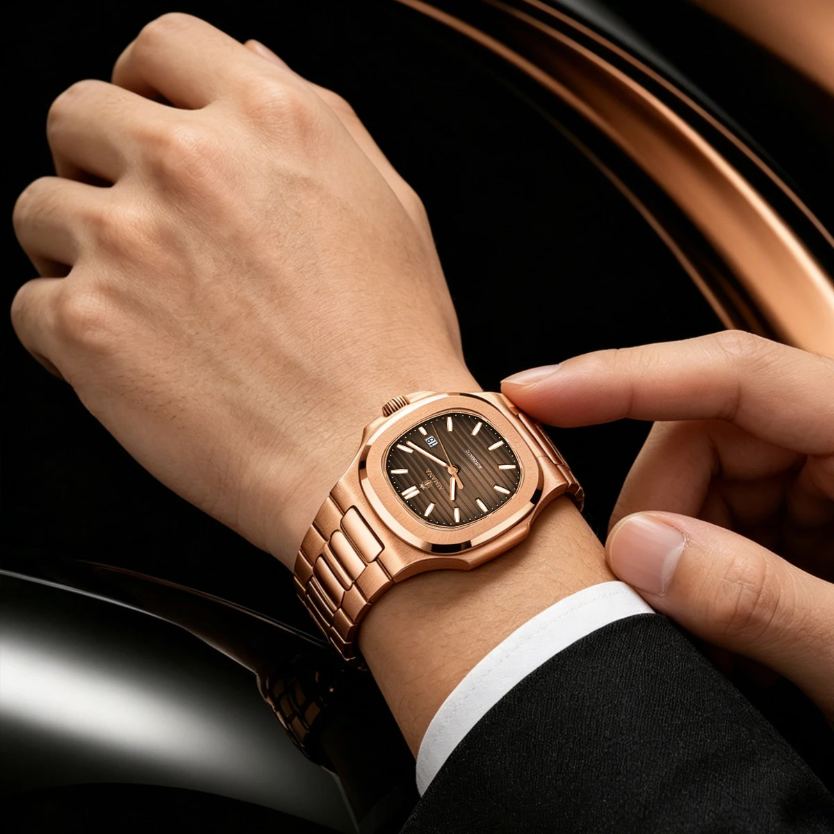 Reloj automático AIMANA de lujo para hombre, correa de acero inoxidable, resistente al agua, calendario luminoso con fecha, estilo Nautilus, color oro rosa, para negocios