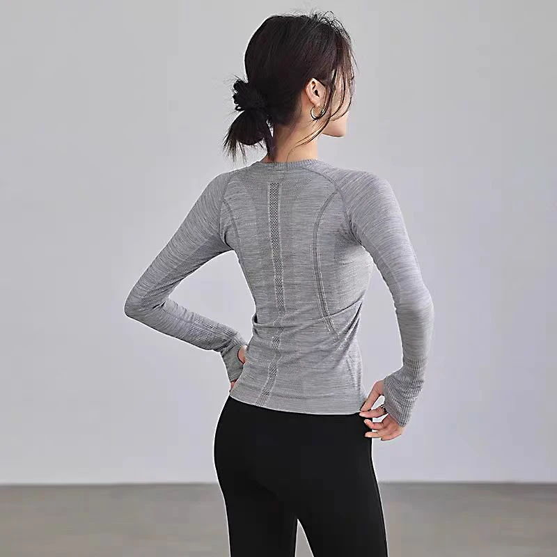 Ropa de yoga para mujer, tops deportivos, cuello redondo, sin costuras, ajustados, camiseta para correr, fitness, entrenamiento, manga larga, camiseta de gimnasio, invierno