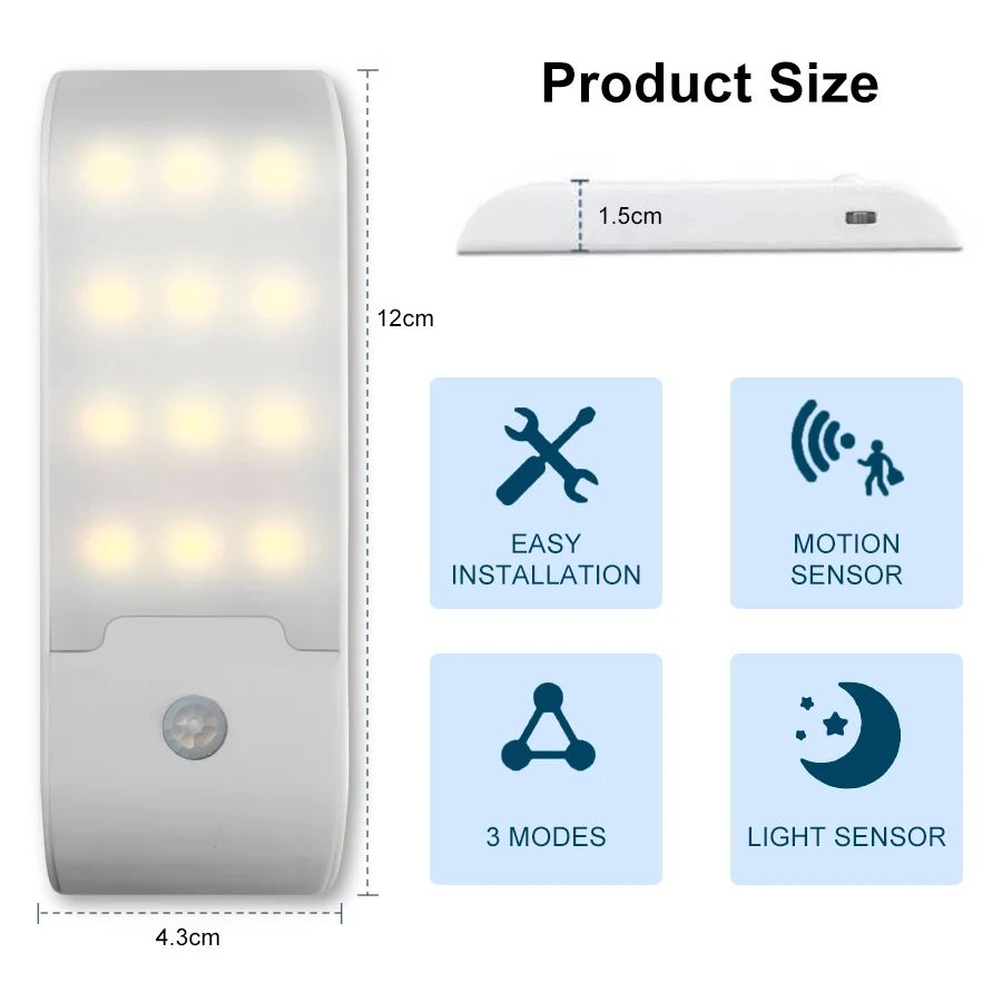 Luz nocturna de 12LED con Sensor de movimiento, lámpara LED recargable por USB para pasillo, baño, armario, cocina, debajo del gabinete, alto brillo