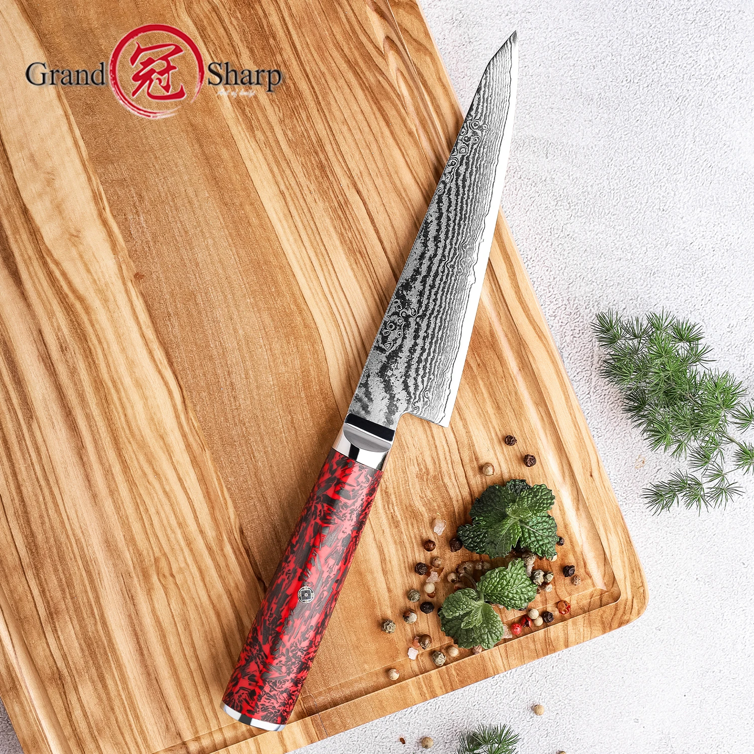 Grandsharp-cuchillo de cocina de Damasco, multiusos, súper afilado, de acero S35VN, para Chef, con mango de resina roja, 5,8 pulgadas