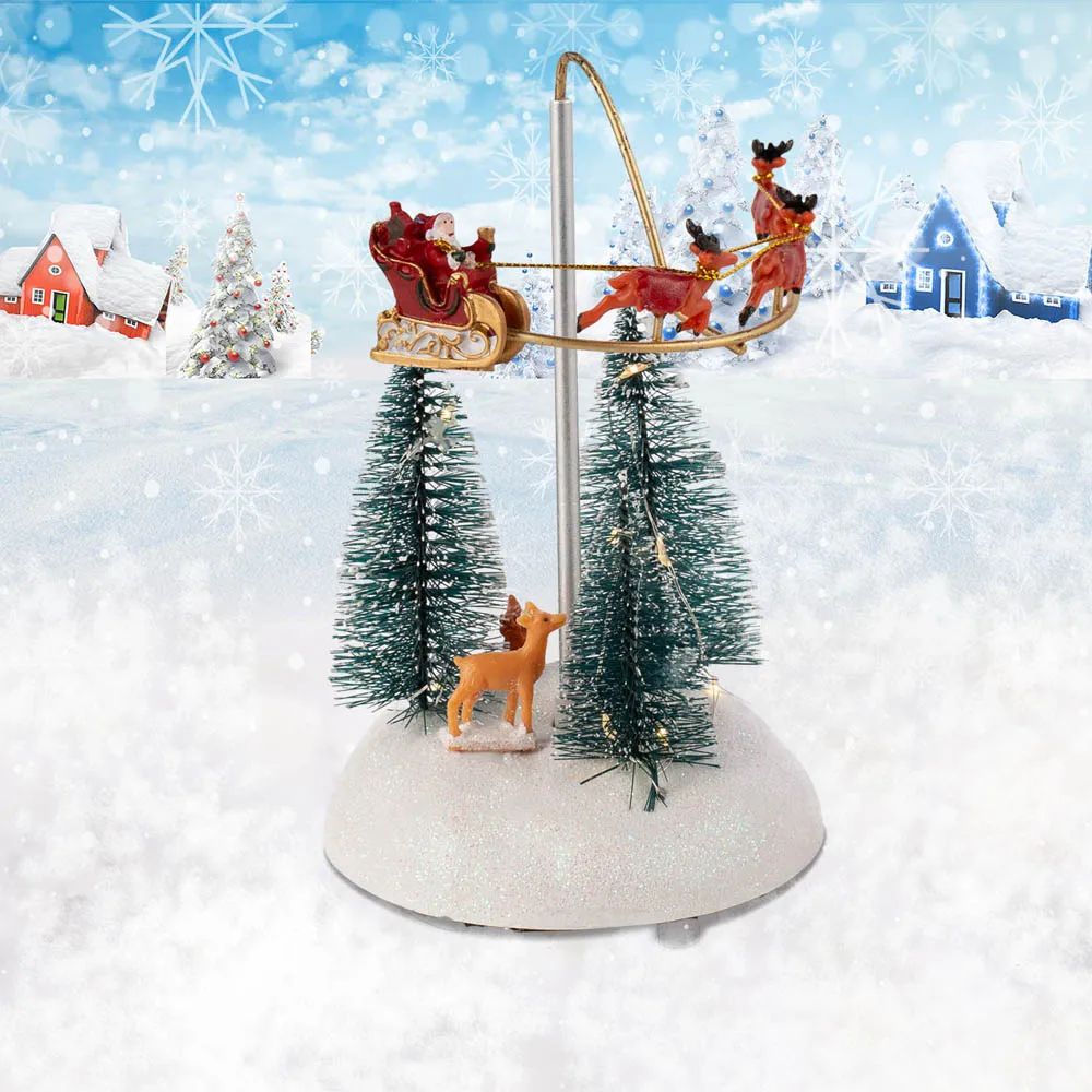 Aldea Navideña Animada con Trineo Volador y Figuras de Santa Claus Giratorias, Decoración Navideña Musical con Luces