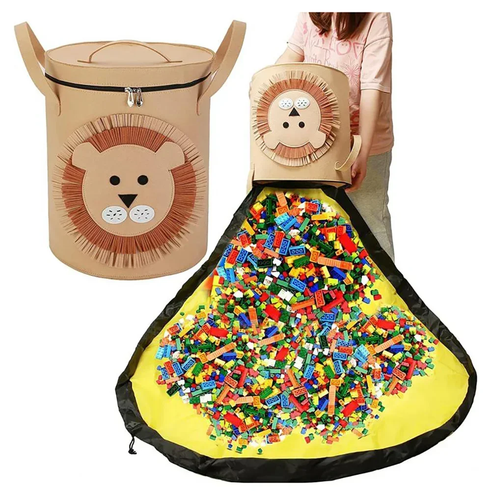 Bolsa de almacenamiento de juguetes plegable de fieltro desmontable, organizador de animales lindos, bolsas Ziplock, a prueba de polvo, bloque de construcción grande, tapete de juego para niños