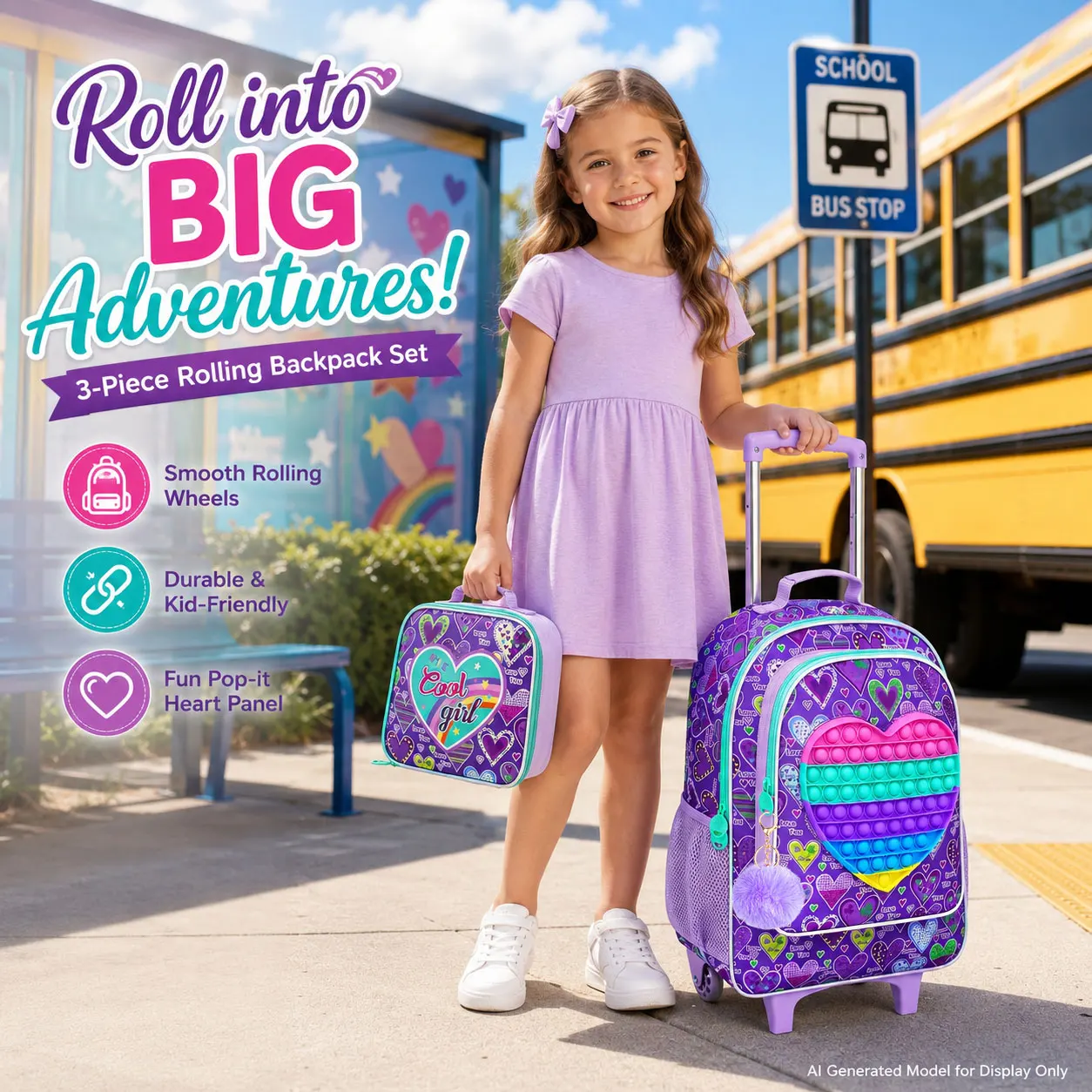 Mochila con ruedas de 3 piezas para niñas, mochila con ruedas para niños, mochila escolar con ruedas y bolsa de almuerzo - Corazón morado