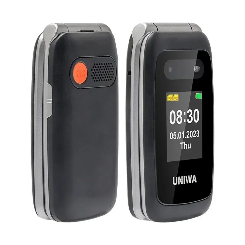 Teléfono Móvil Flip UNIWA V202T 4G con Doble Pantalla y Botones Grandes para Personas Mayores, 1450mAh, Función SOS