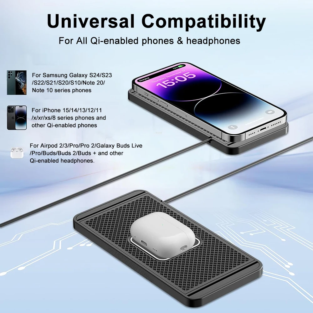 Cargador inalámbrico de coche, almohadilla antideslizante de silicona para iPhone 15, 14, 13, 12, Samsung S24, S23, Xiaomi, almohadilla de carga de inducción rápida para teléfono de coche