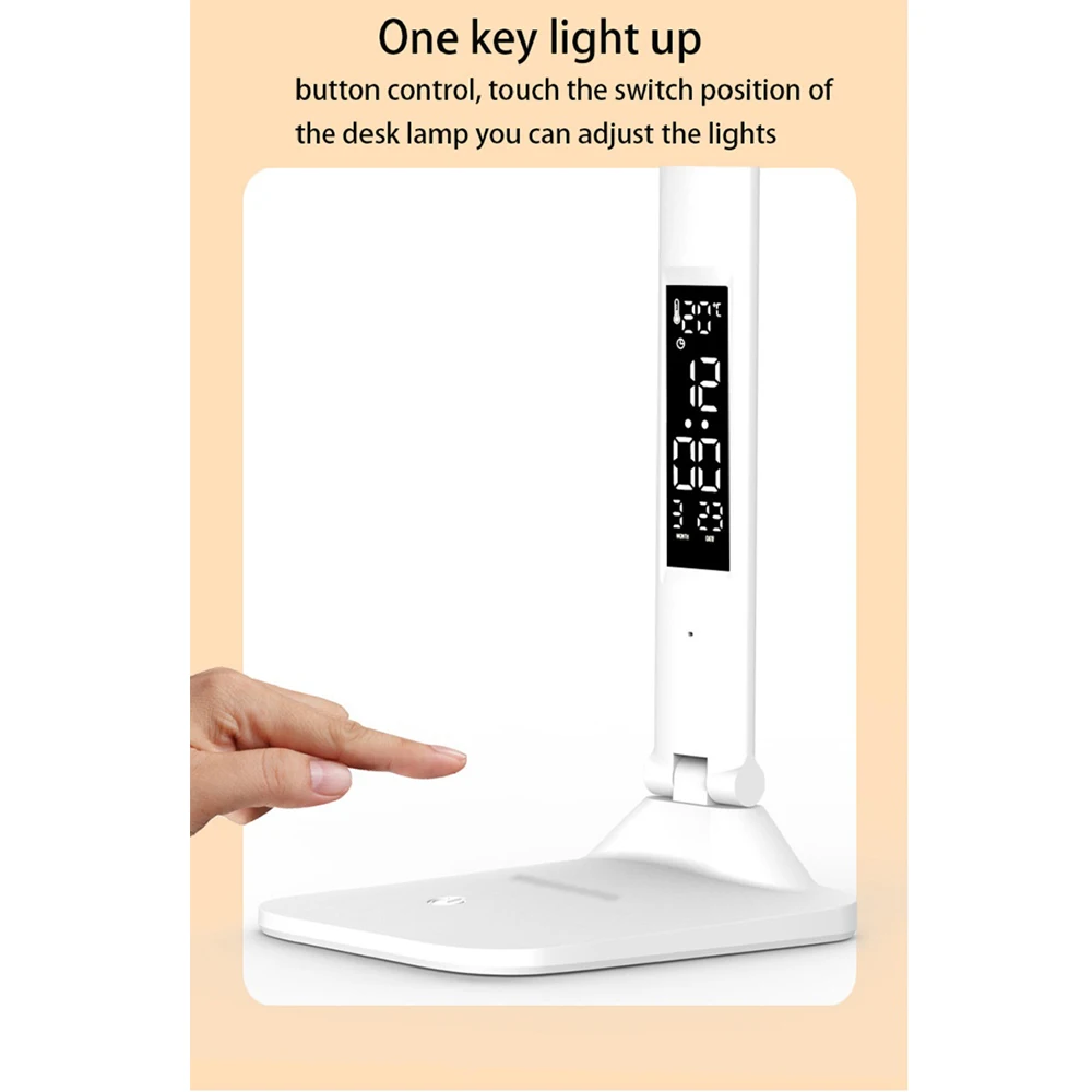 Lámpara de mesa plegable, lectura USB, protección ocular regulable táctil con despertador, termómetro, lámpara LED de escritorio, luz nocturna con carga USB