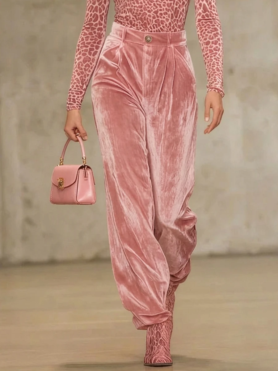 Pantalones de Terciopelo Rosa de Cintura Alta para Mujer Bonboho, Pantalones Largos Holgados con Botones, Pantalones Plisados Elegantes 2026, Prendas Inferiores a Juego
