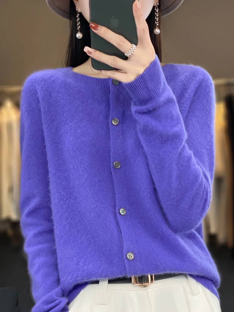 Suéteres de manga larga 100% lana merino para primavera y otoño, tops de punto con cuello redondo para mujer, ropa básica de moda