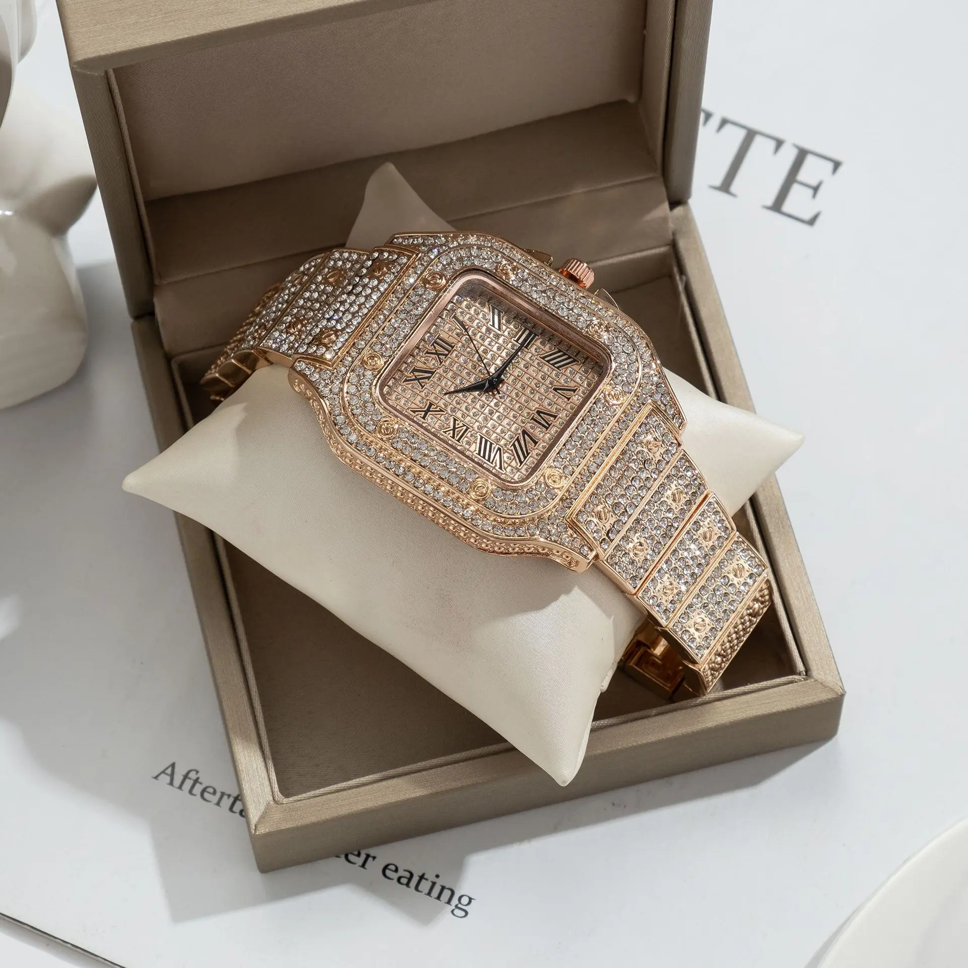 Reloj de hombre de negocios cuadrado cielo estrellado cinturón de acero con incrustaciones de diamantes europeo americano masculino romano moda relojes de pulsera de cuarzo regalo