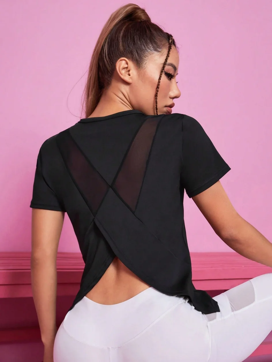 Traje de Yoga para mujer, Camiseta deportiva de verano, camiseta holgada transpirable de secado rápido, top de malla para entrenamiento en la espalda, fitness de manga corta