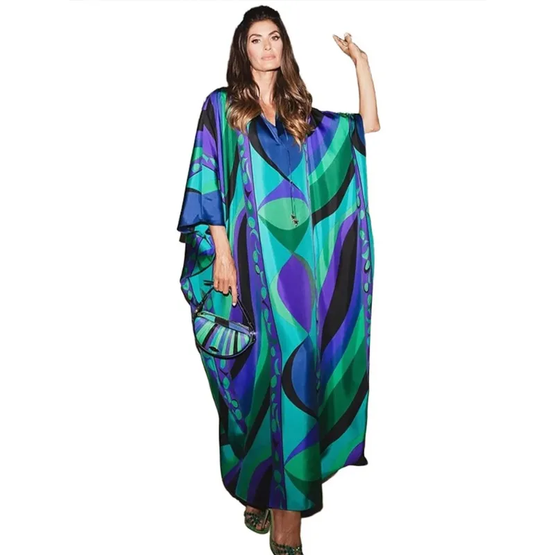Vestido Largo Bohemio con Estampado Floral para Mujer, Cuello en V, Manga Media, Estilo Oversize, Maxi Vestido Elegante para Vacaciones 2026
