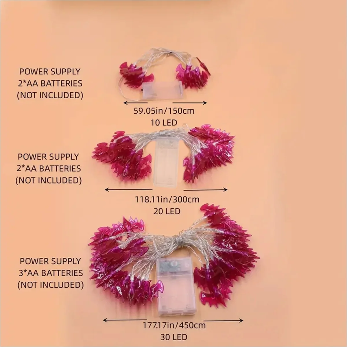 Guirnalda de luces LED de murciélago púrpura, funciona con pilas, lámpara decorativa colgante impermeable para exteriores, adecuada para decoración de fiesta, 10/20/30 Uds.