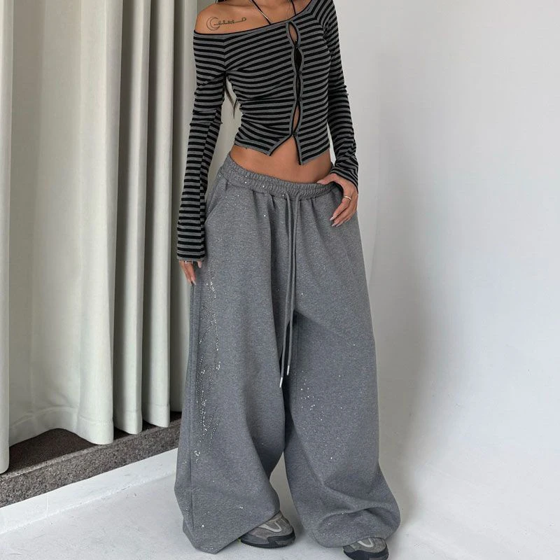 Pantalones de chándal Y2K con diamantes negros para mujer, ropa de calle Harajuku, pantalones holgados para correr, pantalones de pierna ancha a la moda, pantalones informales de gran tamaño de Hip Hop