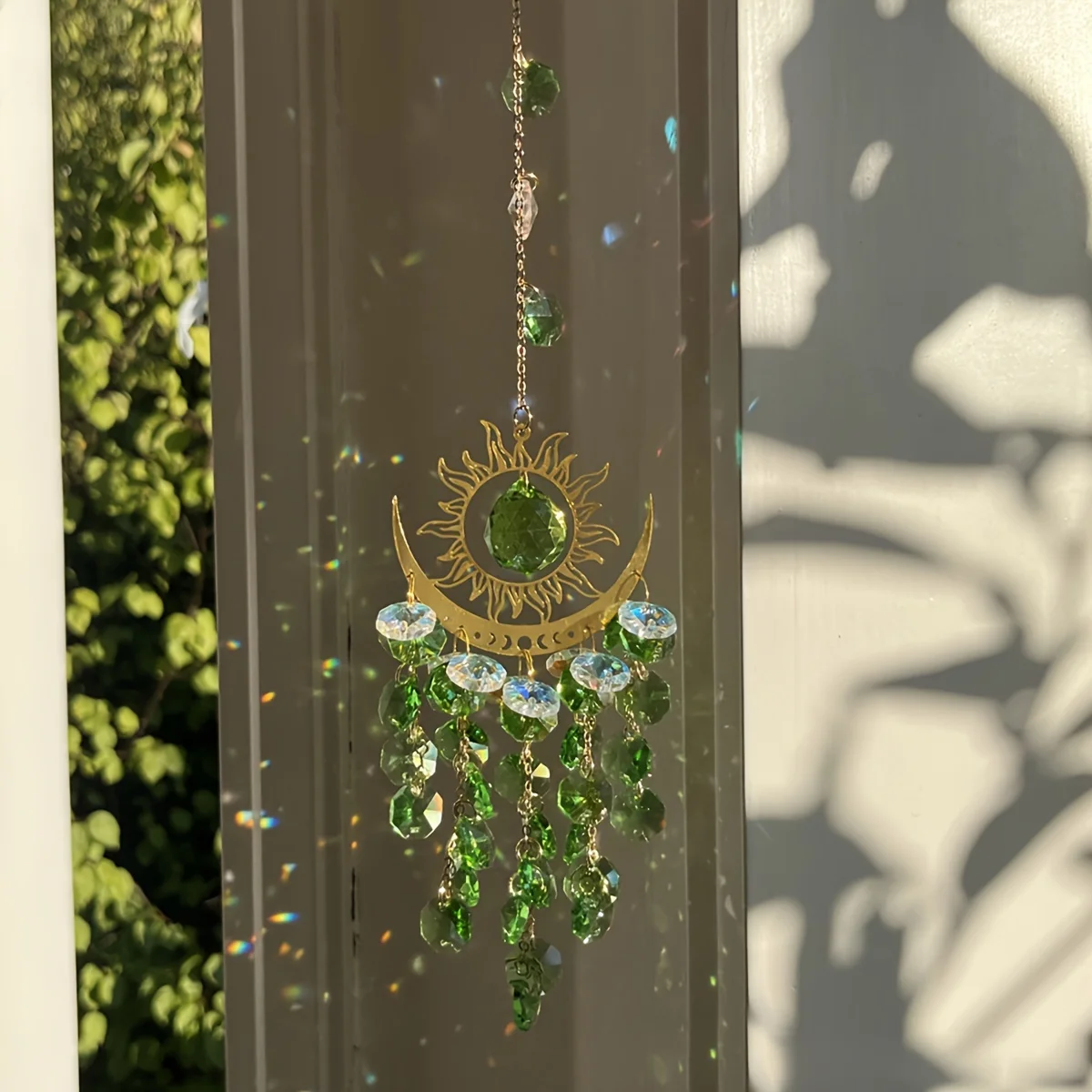 1 pieza de Adornos Luminosos para Jardín, Atrapasoles de Cristal con Diseño de Llama, Luna y Sol, Campanilla de Viento y Adornos Colgantes