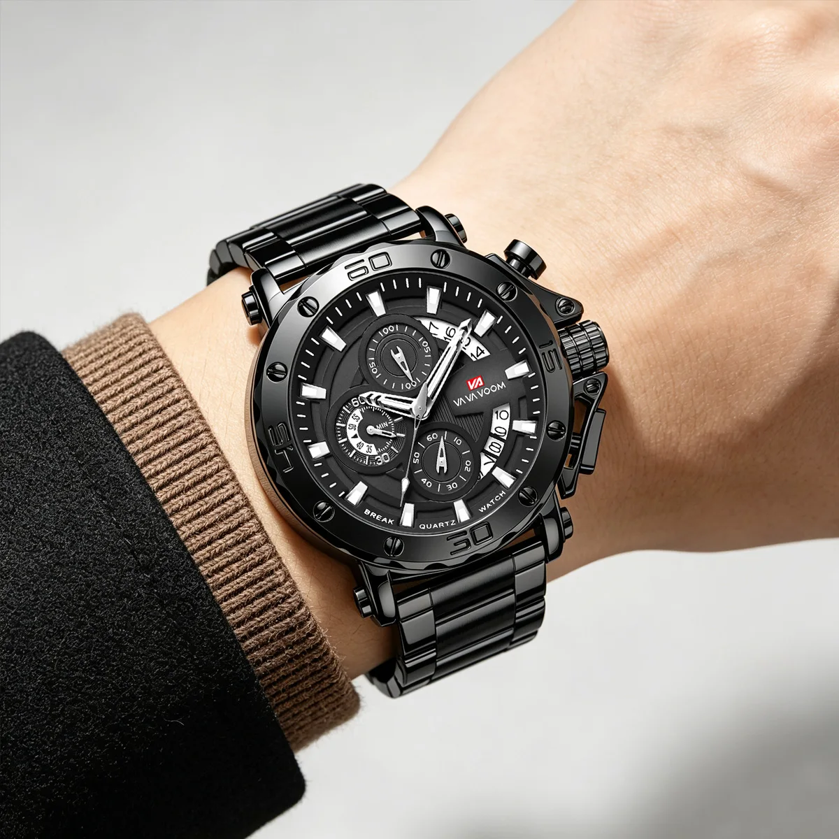 Reloj cronógrafo VA VA VOOM para hombre, calendario luminoso, resistente al agua, reloj de lujo para hombre, relojes de cuarzo de acero inoxidable para hombre, Reloj