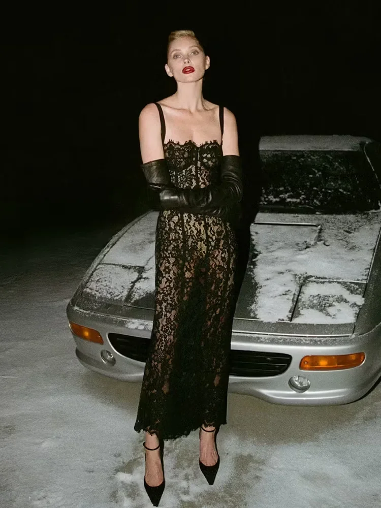 Vestido largo sexi de encaje con cuello cuadrado y tirantes finos para mujer, vestidos ajustados sin mangas de encaje Floral negro, vestidos elegantes de noche para celebridades