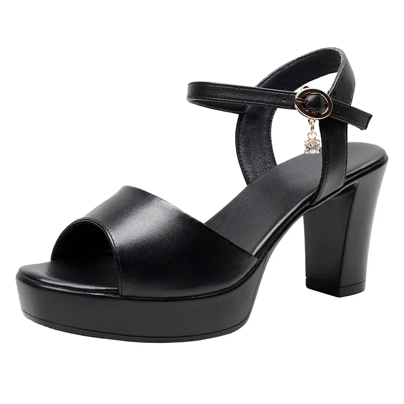 Sandalias de piel auténtica para mujer, zapatos de tacón alto, con plataforma, talla 32-43, 2024