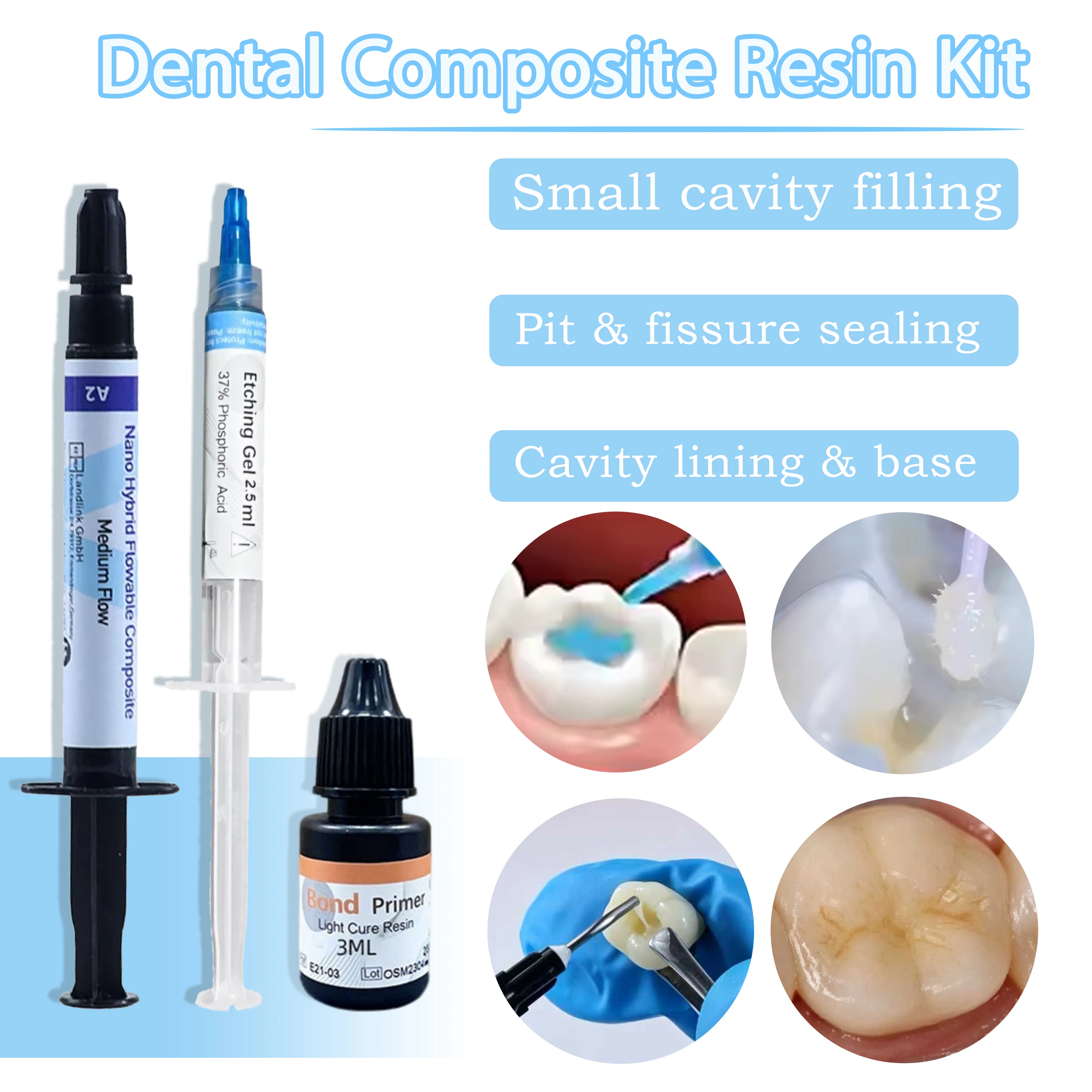 Kit de Resina Compuesta Fluida Fotopolimerizable Dental A1 A2 A3 con Gel Grabador y Adhesivo para Restauración de Rellenos Orales