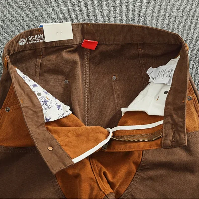 Otoño e Invierno pesado de gama alta vintage monos hombres grano de lona color patchwork registro motocicleta pantalones casuales marea
