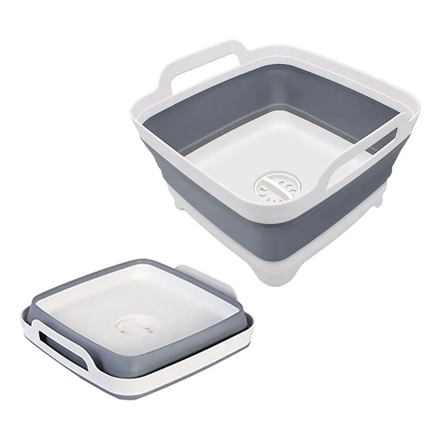 Lavabo de verduras de plástico plegable de 9 litros con tapón de drenaje para almacenamiento de platos, lavado de frutas y verduras, cubo frío