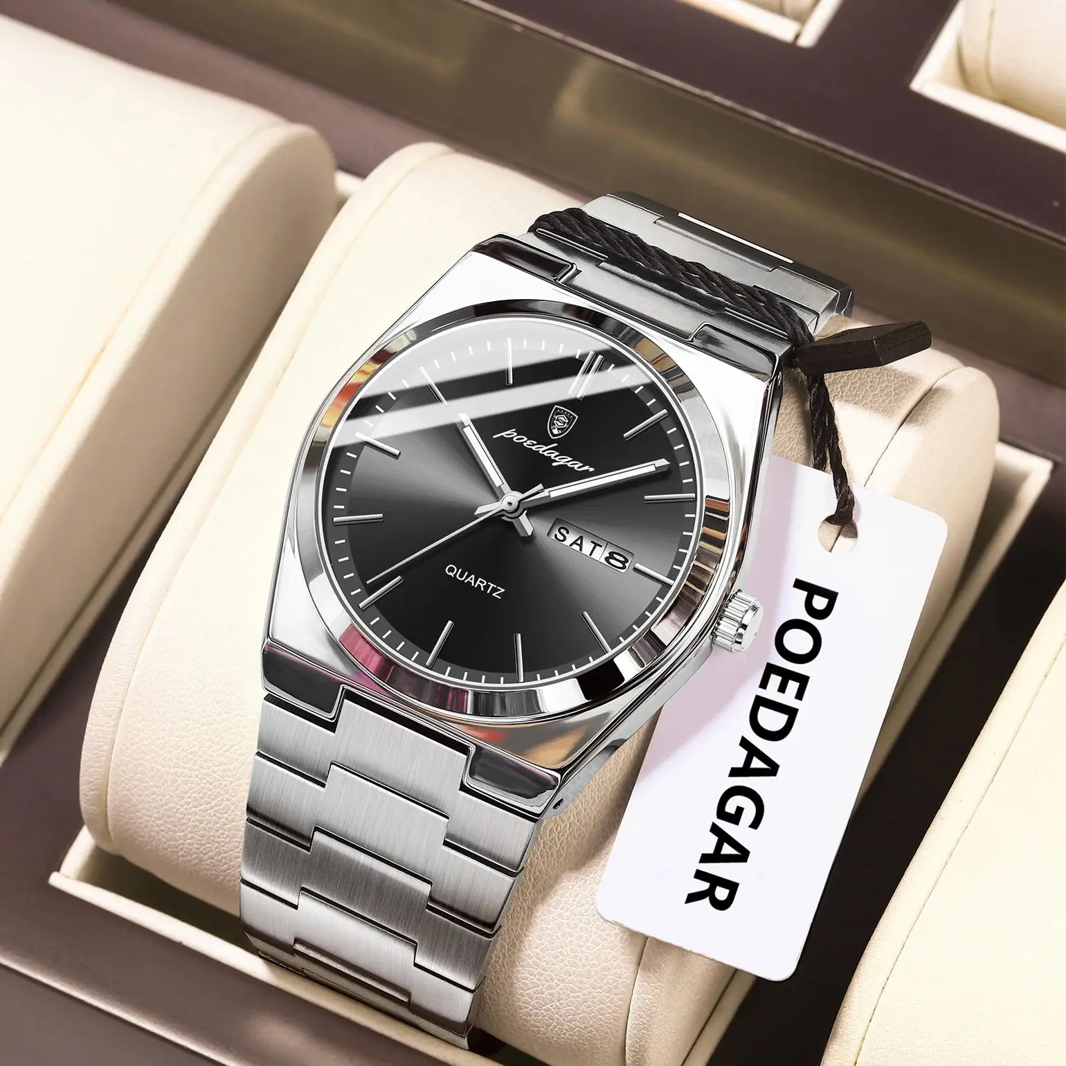 POEDAGAR, reloj de pulsera de cuarzo de lujo para hombre, resistente al agua, luminoso, con fecha, semana, reloj para hombre, relojes de moda de negocios de acero inoxidable para hombre