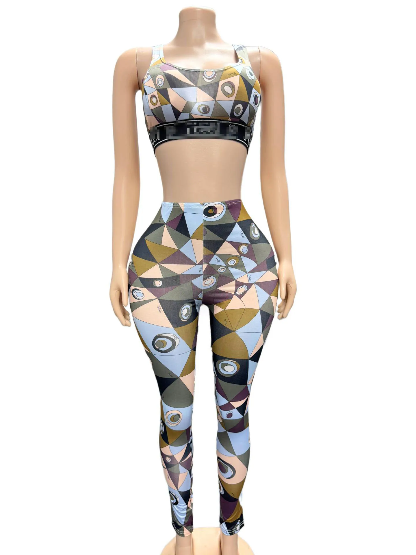 Conjunto de Dos Piezas con Estampado Abstracto de Triángulos y Círculos para Mujer, Top Corto sin Mangas y Pantalones Largos, Ropa Deportiva Sexy para Club