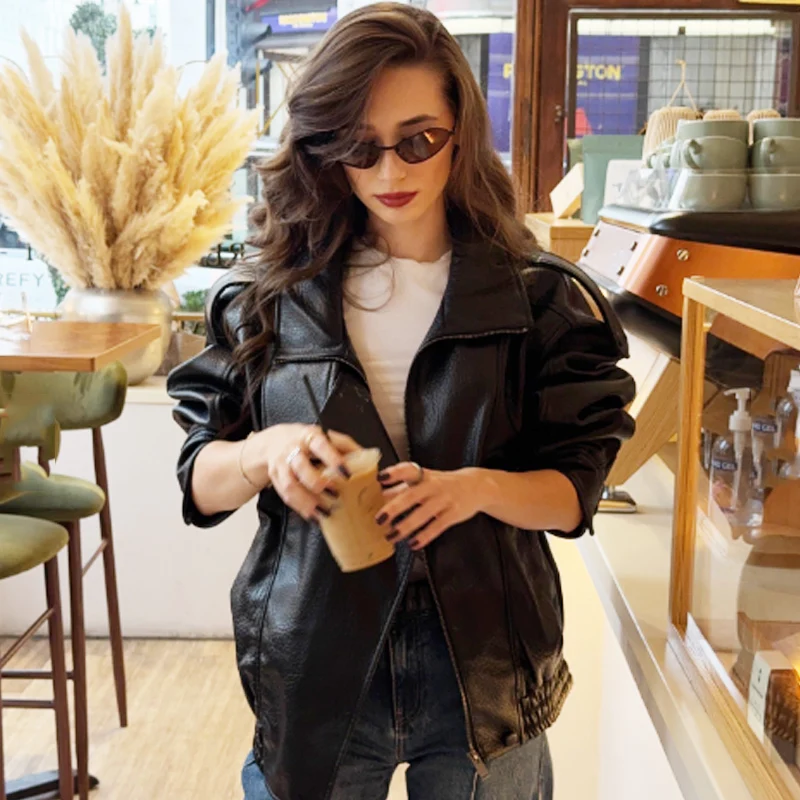 HXAO, recién llegado, chaqueta Bomber para mujer, chaquetas negras de cuero, prendas de vestir exteriores recortadas de gran tamaño, abrigos de manga larga con cremallera, chaqueta para exteriores