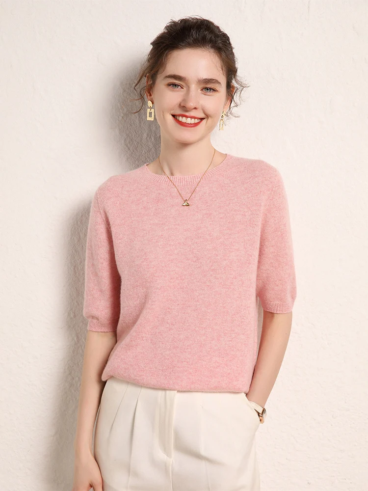 Suéter de cachemira de cabra con cuello redondo para mujer, camiseta, jersey de otoño e invierno, media manga, 100% de punto de Cachemira, Tops sólidos clásicos