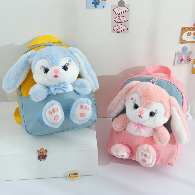 Mochila de conejo 3D de felpa para niños, niñas, niños, mochila escolar con bonito pajarita, mochilas escolares de dibujos animados, bolsa de bebé preescolar para guardería