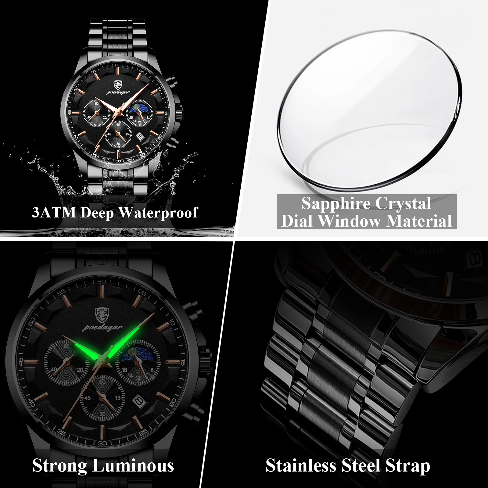 Relojes POEDAGAR para Hombre de Negocios, Resistentes al Agua, Luminosos, de Acero Inoxidable, Reloj de Pulsera de Moda para Hombre, Cronógrafo, Fecha, Reloj de Cuarzo